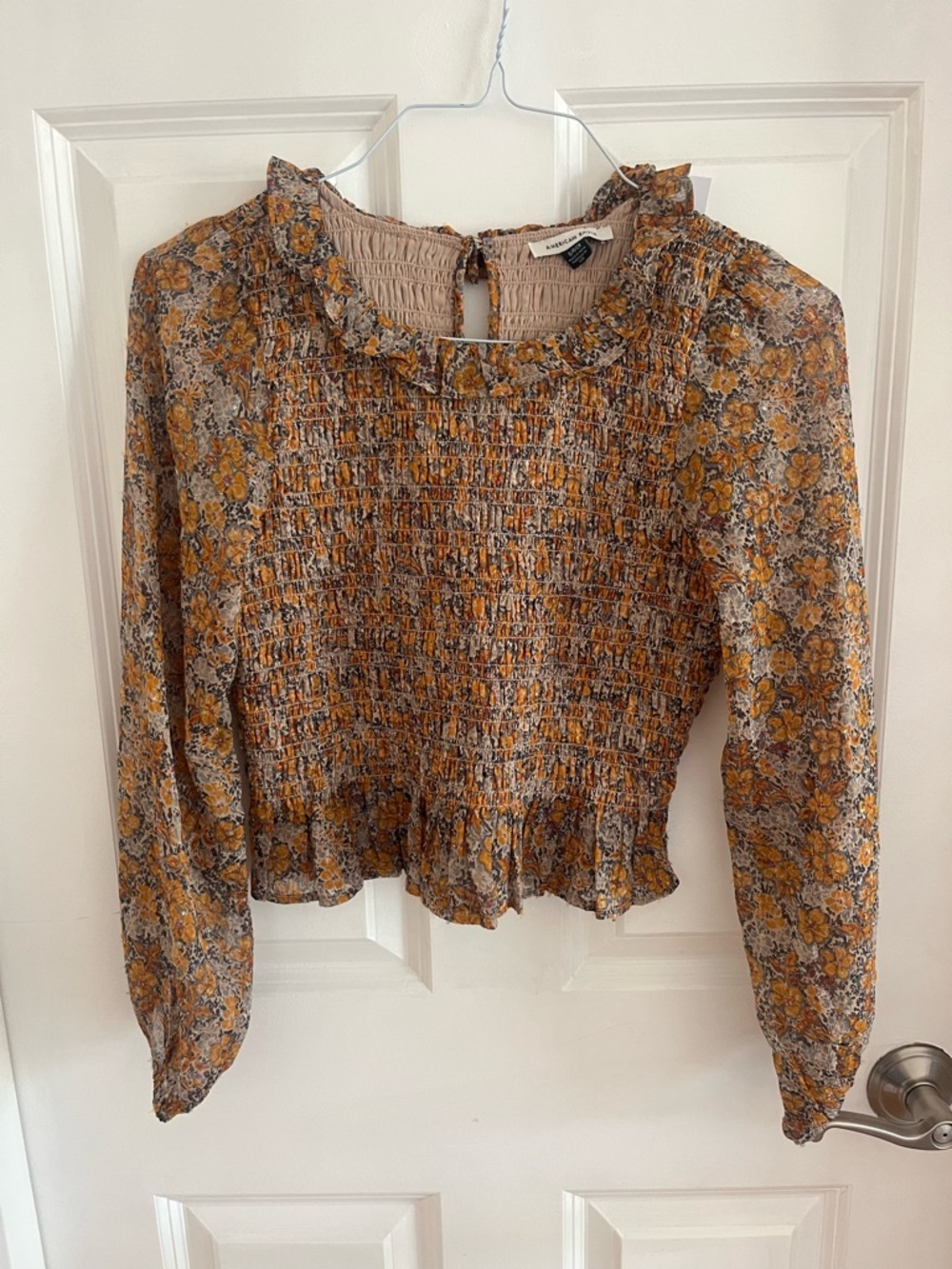American Eagle Outfitters Mustard Floral Smocked Ruffle Top